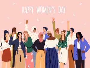 Happy Womens Day card. International multiethnic group of diverse feminists together. Different races in solidarity and sisterhood on spring female holiday, 8 March. Colored flat vector illustration.